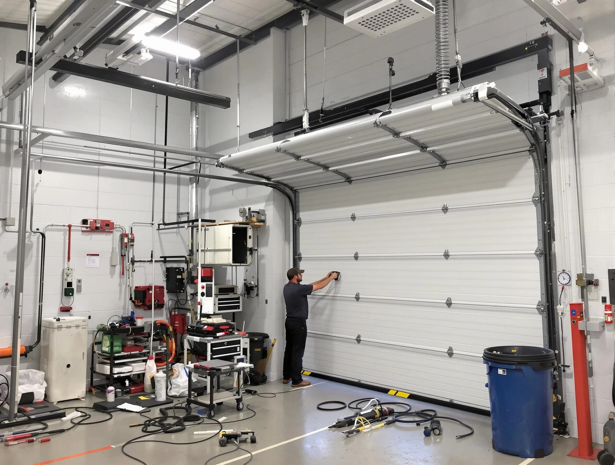Carnegie Garage Door Repair certified technician performing commercial door repair at a Carnegie business facility