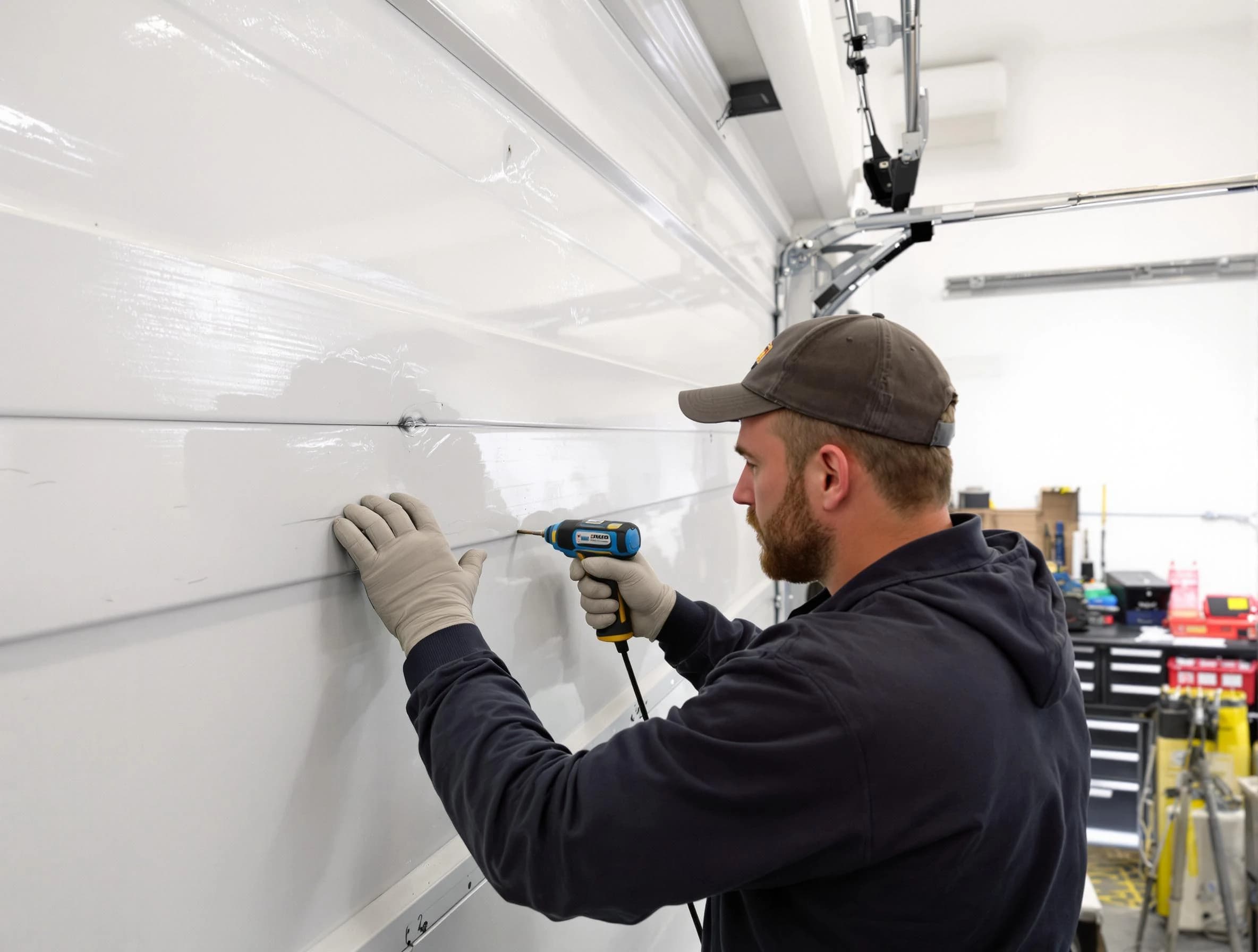 Carnegie Garage Door Repair technician demonstrating precision dent removal techniques on a Carnegie garage door